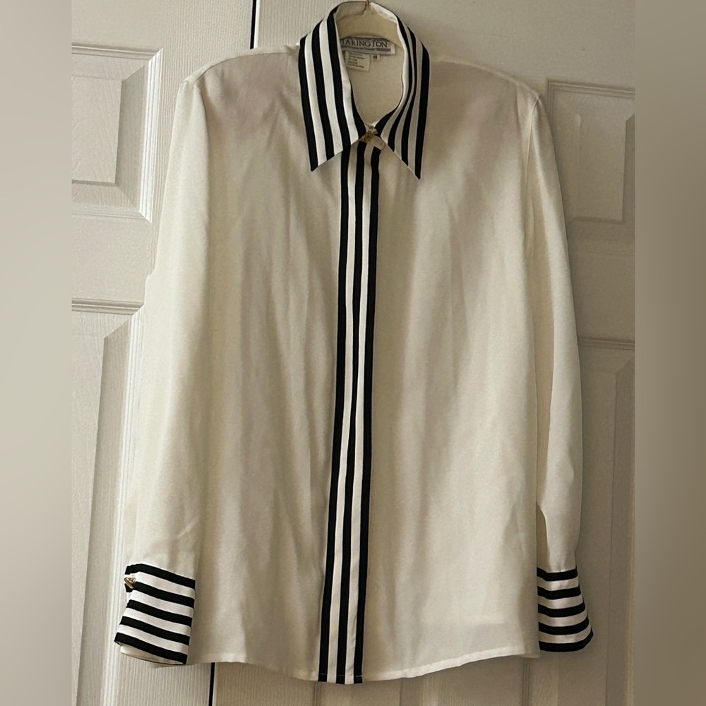 Vintage 80s Starington White Statement Blouse Black Stripe Twee Coquette Sz L